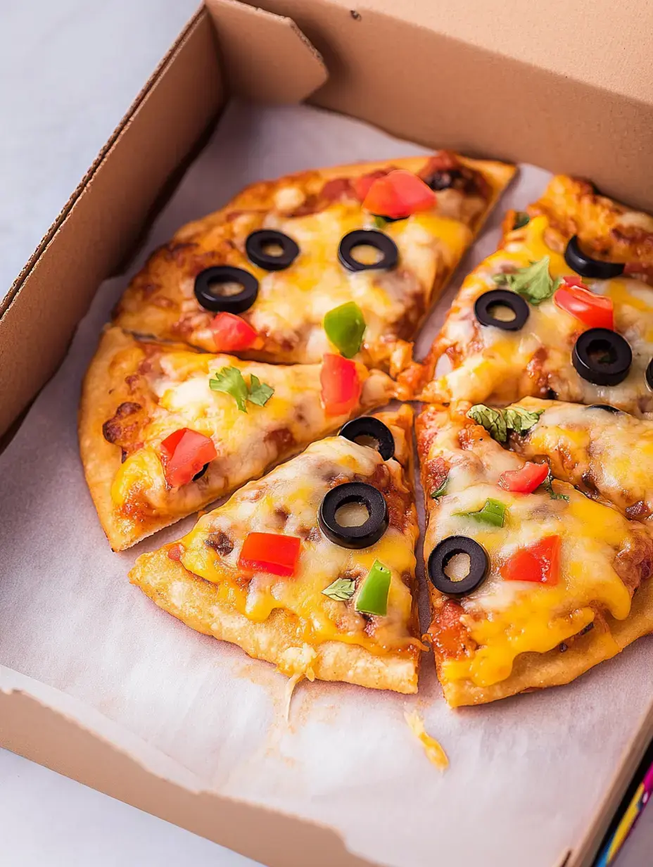 Cheesy pizza covered with sliced black olives, chopped tomatoes, green peppers, all in a pizza box.