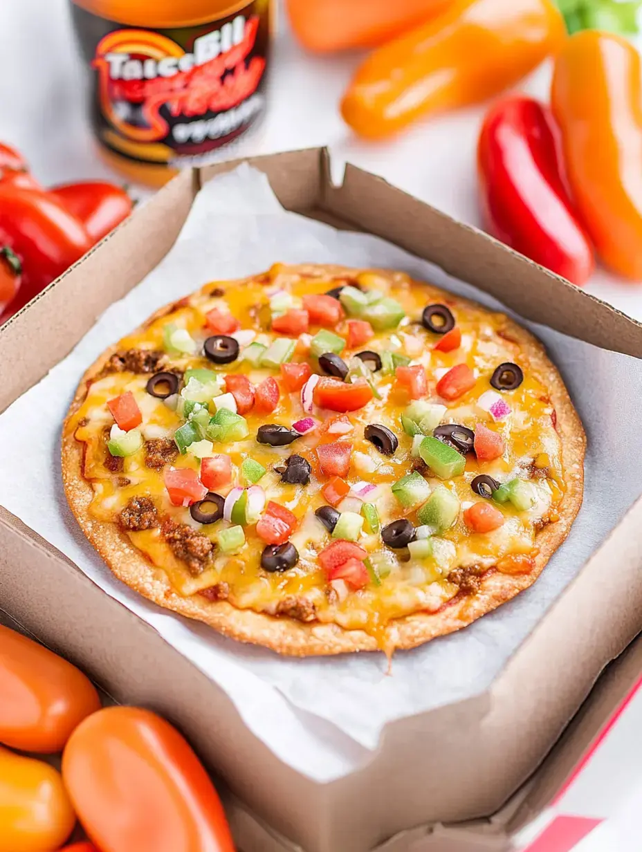 Hot pizza loaded with beef, melted cheese, olives, and veggies in a takeout box surrounded by peppers.