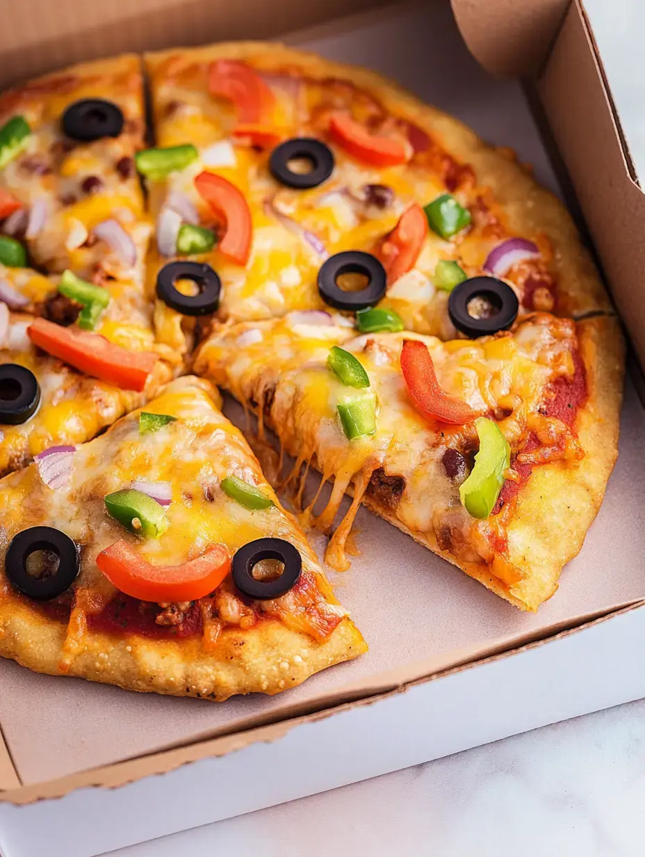 Pizza topped with melted cheese, olives, peppers, onions, missing a slice, in a pizza box.