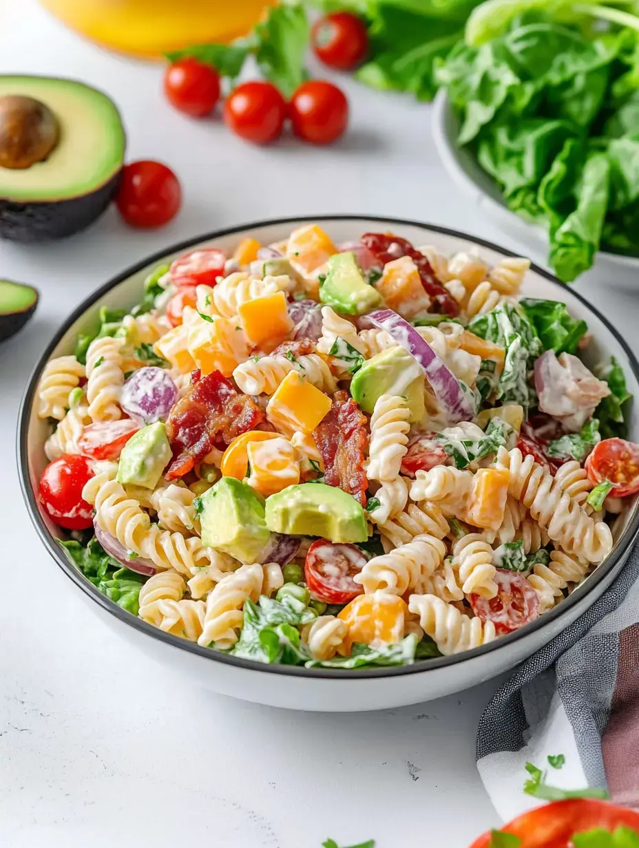 A bright bowl of pasta salad packed with spiral noodles, tomatoes, bacon, cheese, avocado, and crisp greens.