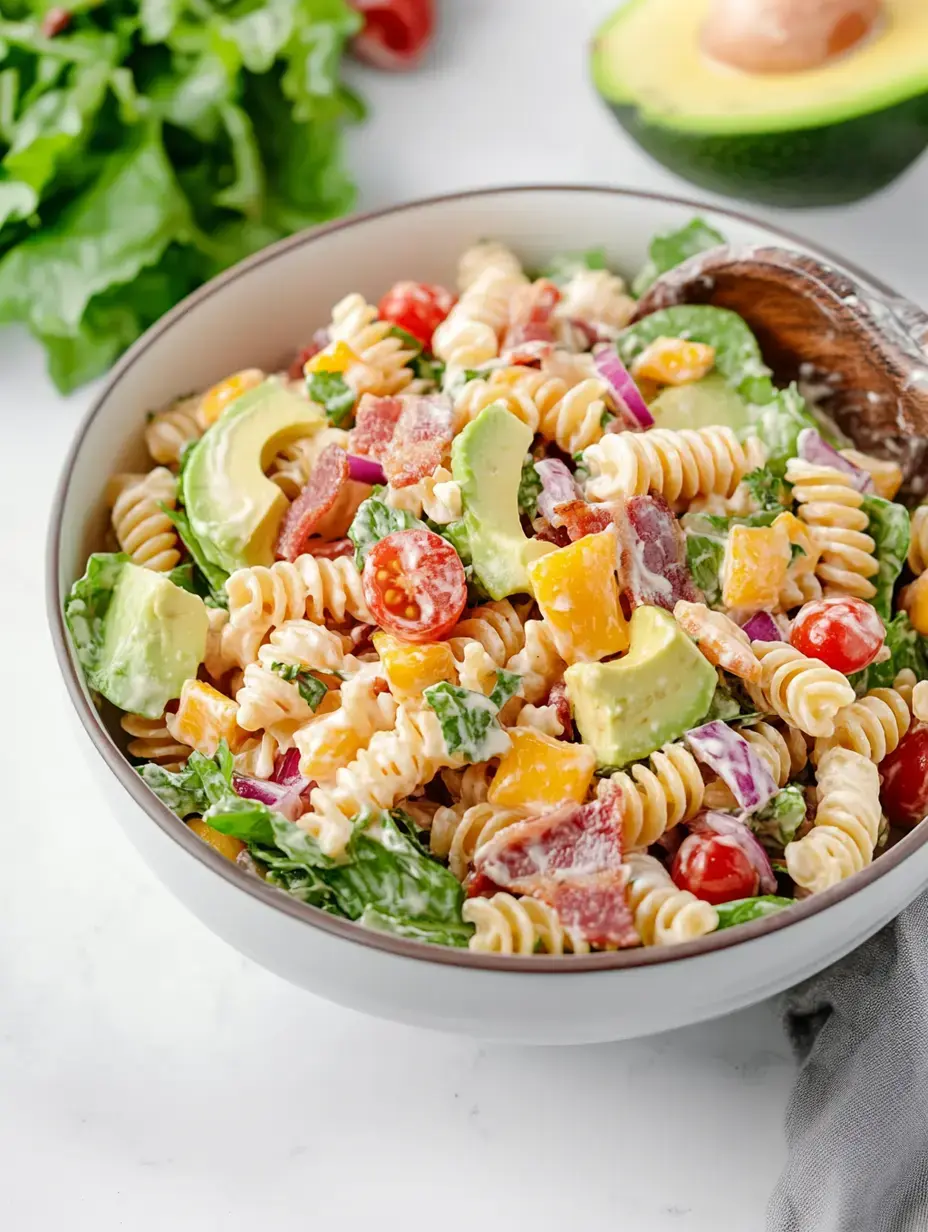 A vibrant bowl of veggie-filled pasta salad with fusilli, bacon, avocado, tomatoes, and fresh greens.