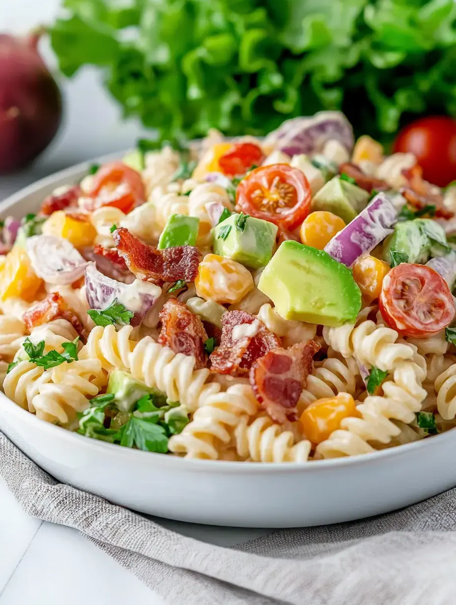 Colorful pasta salad in a bowl with bacon, avocado, cherry tomatoes, peppers, and fresh greens all mixed together.