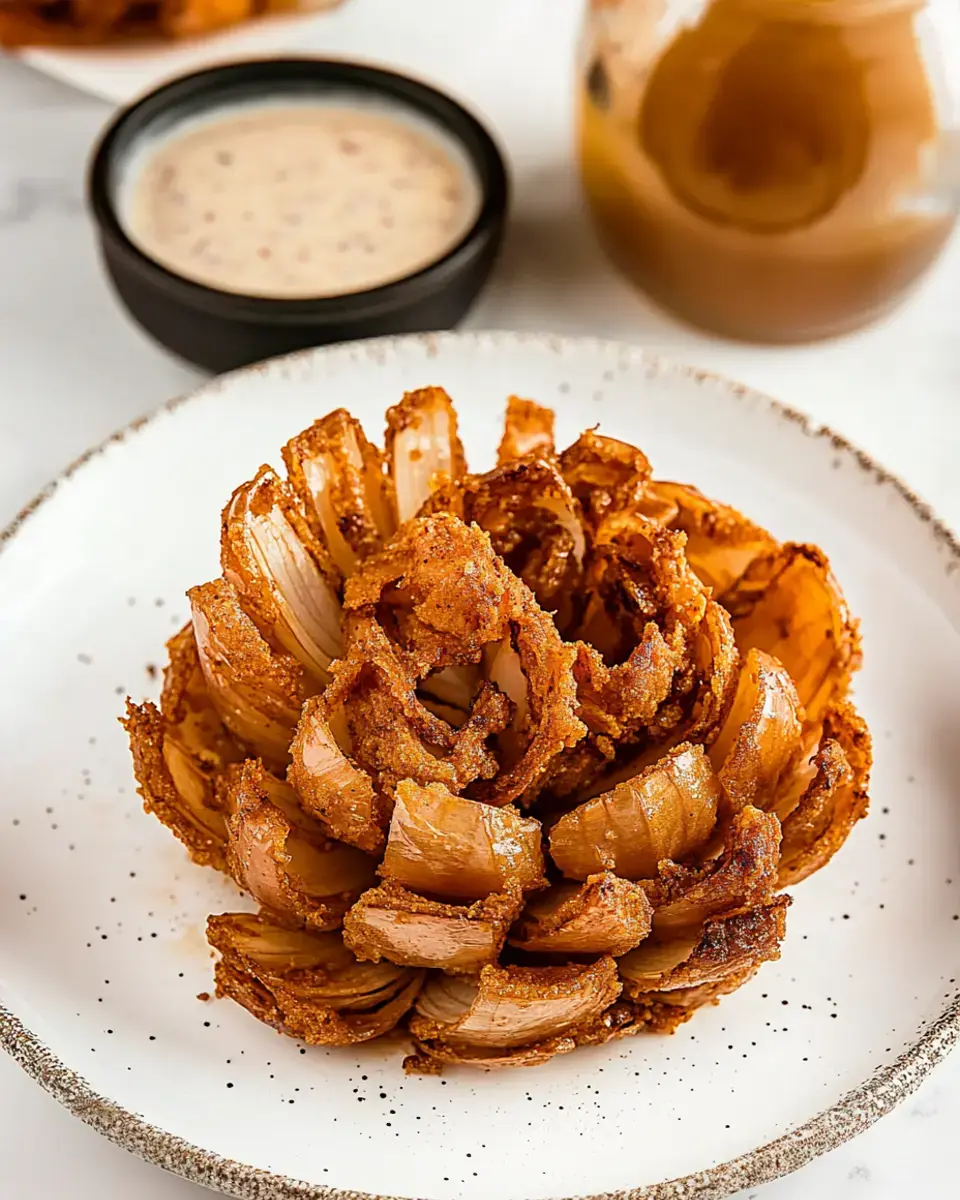 You see a crispy blooming onion all fluffed out on a platter with a dipping sauce on the side.