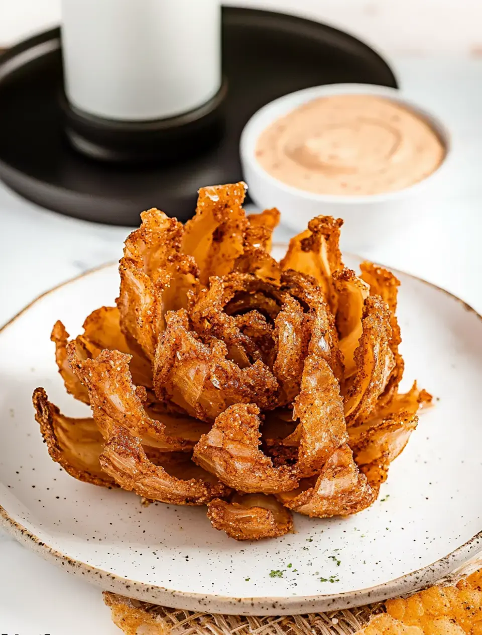 Crispy blooming onion on a plate, petals spread open, with dipping sauce close by.