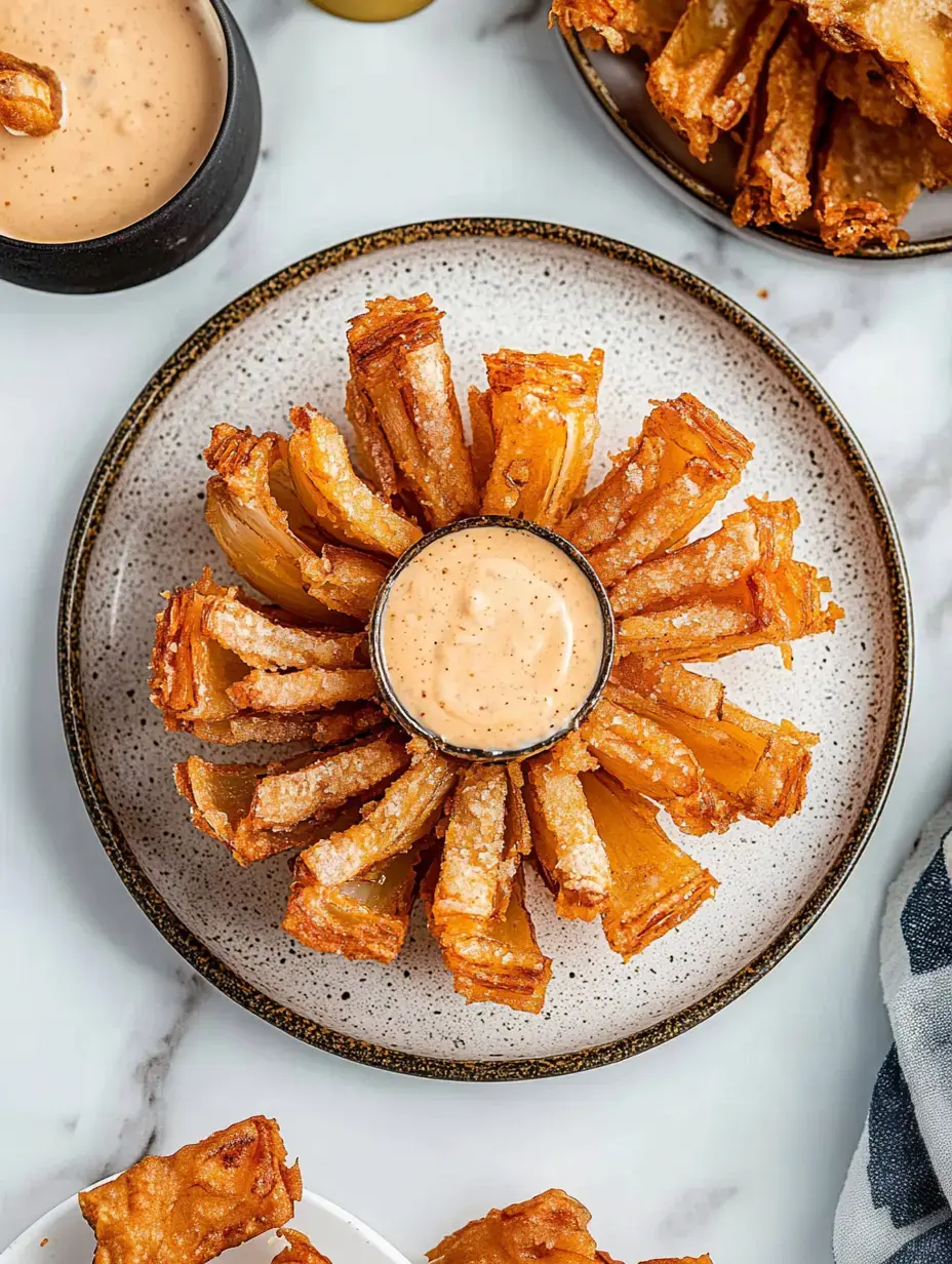On a speckled plate, golden fried pineapple rings are arranged in a circle around a small bowl of dip.