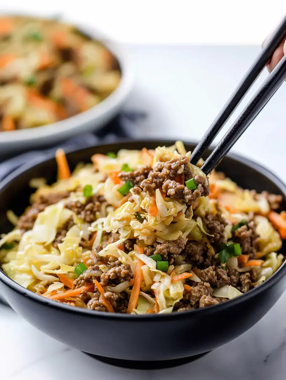 Bowl with stir-fried ground meat and cabbage. Chopsticks picking some up.