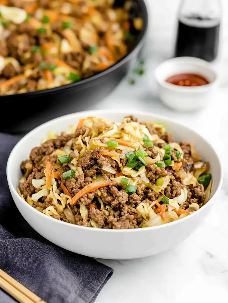Shredded veggies and ground beef in a bowl, green onions and a second dish in the back.