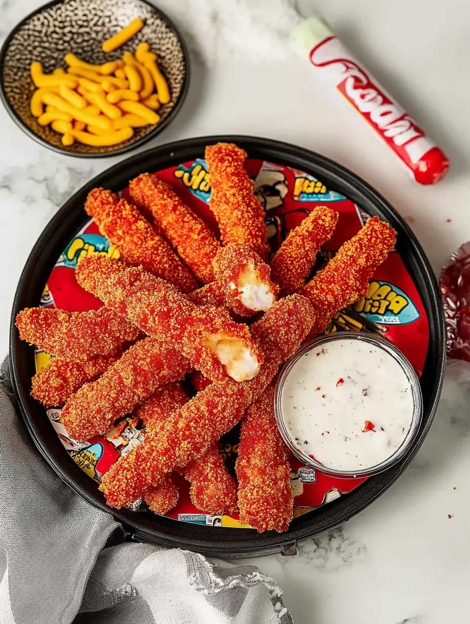 Bright red snack sticks filling up a black platter, a small bowl of white dipping sauce, and a second bowl of yellow puffs close by.
