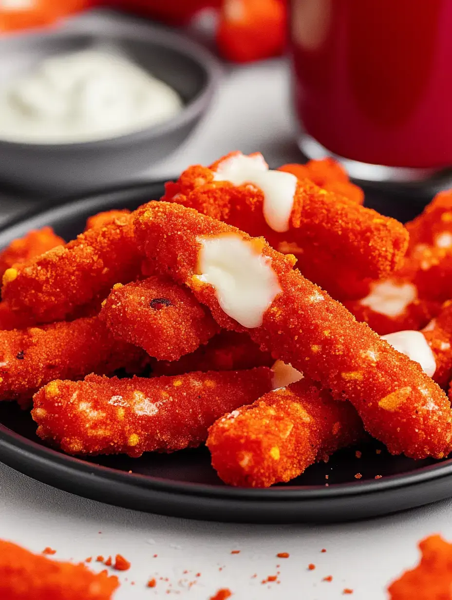Crispy, bright red snacks with drizzled white sauce, and a tiny bowl of dip out back—all on a plate ready for snacking.
