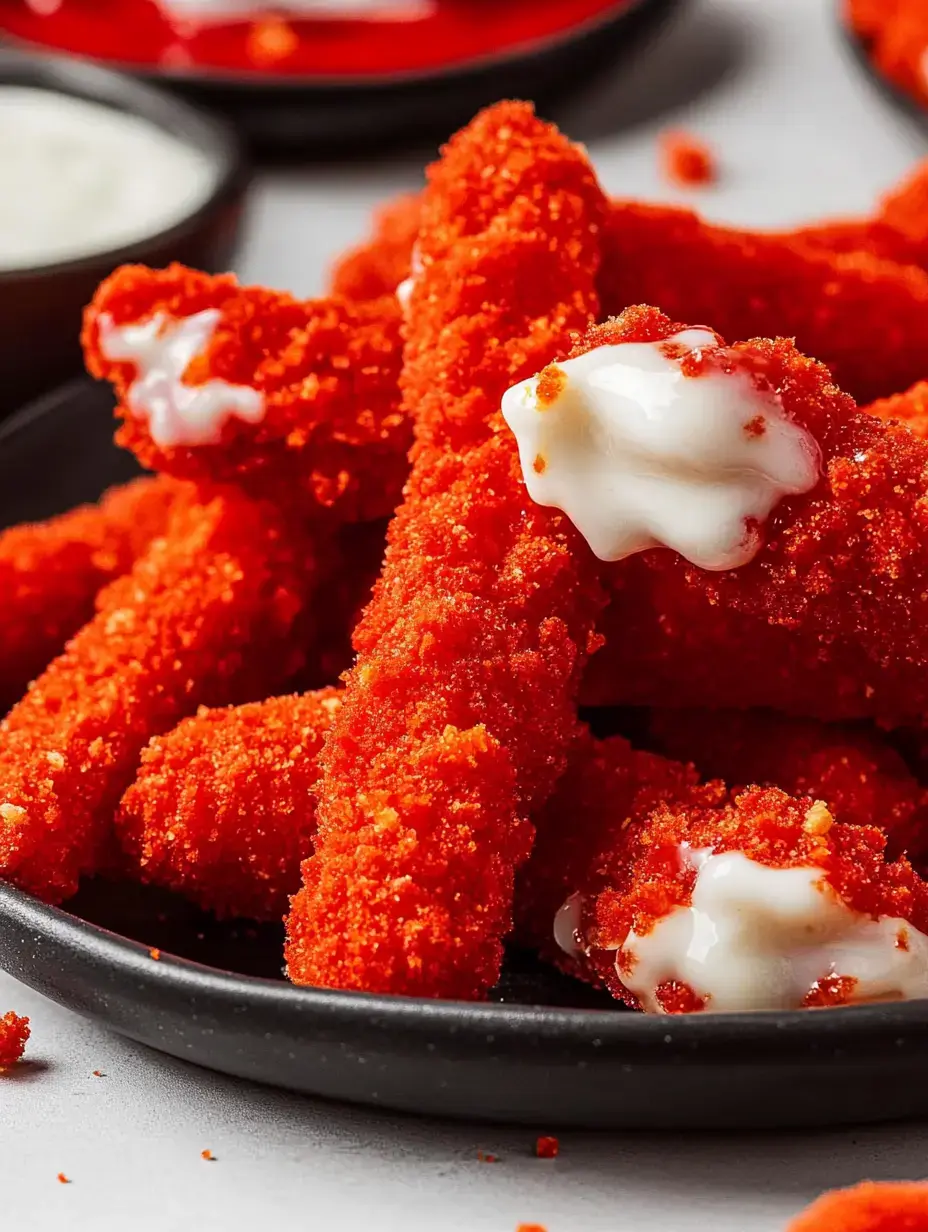 Crunchy red snack sticks up close with creamy dip, all set on a black plate for sharing.