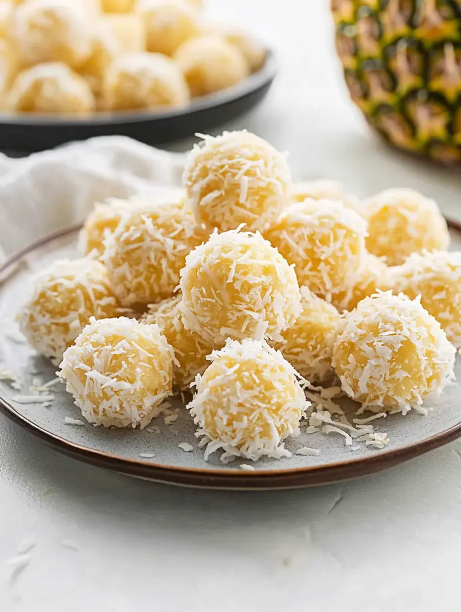 Coconut-dusted round treats sit on a plate, with another bowl of them and a hint of pineapple in the blurry background.