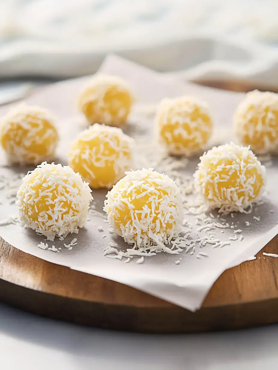 Eight golden coconut-crusted treats rest on parchment atop a wooden tray.