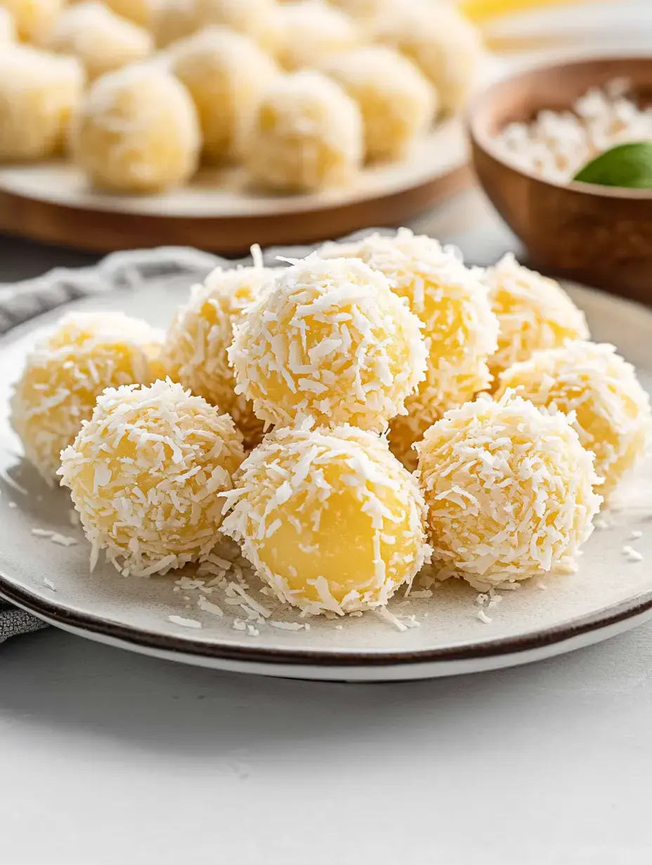 Yellow snack balls dotted with coconut line a plate. In the blurry background, you can spot more treats and a bowl of coconut shreds.