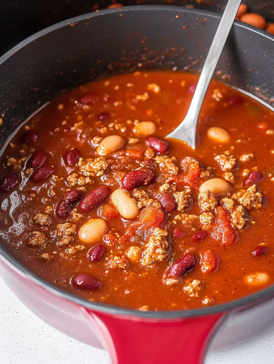 A steaming pot of chili loaded with two kinds of beans and ground turkey, all swimming in a rich tomato sauce.