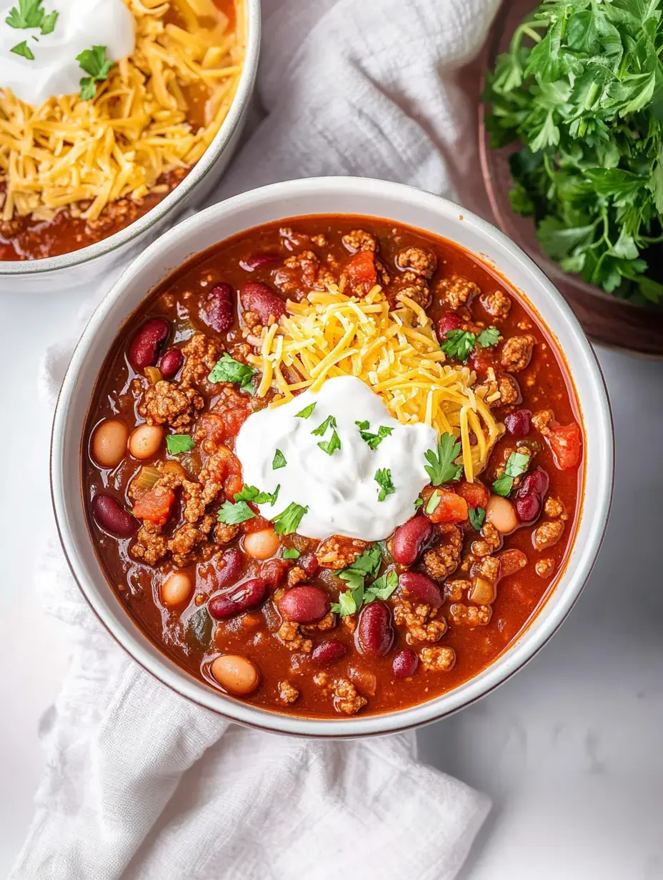 Hearty bowl of chili with gooey cheese, a dollop of sour cream, fresh cilantro, and another bowl peeking in the back.