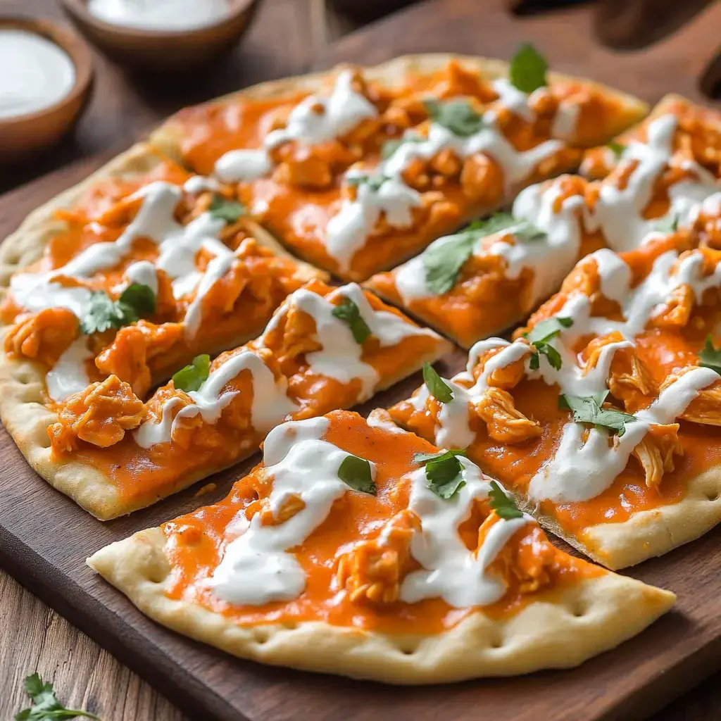 Wooden board showing flatbread slices with orange buffalo chicken, melty cheese, white dressing drizzles, and fresh cilantro.