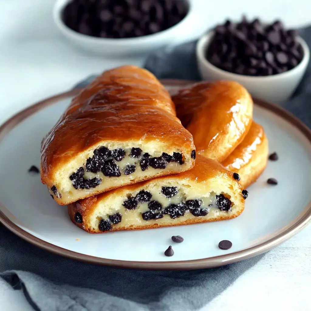Close-up of sugary brioche pastries filled with chocolate chips, served on a plate with extra chocolate chips scattered around.
