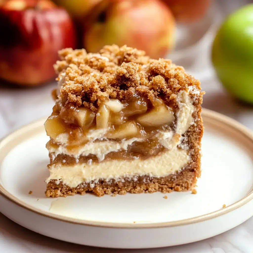 A creamy apple cheesecake slice with streusel topping and fresh apples in the background.