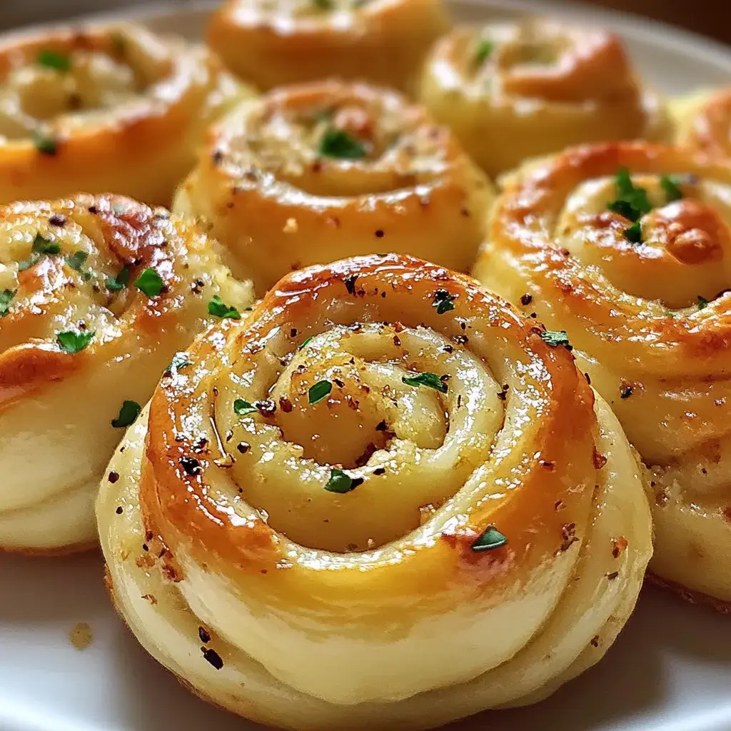 Golden, flaky rolls with garlic and herbs, plated beautifully on a white dish.