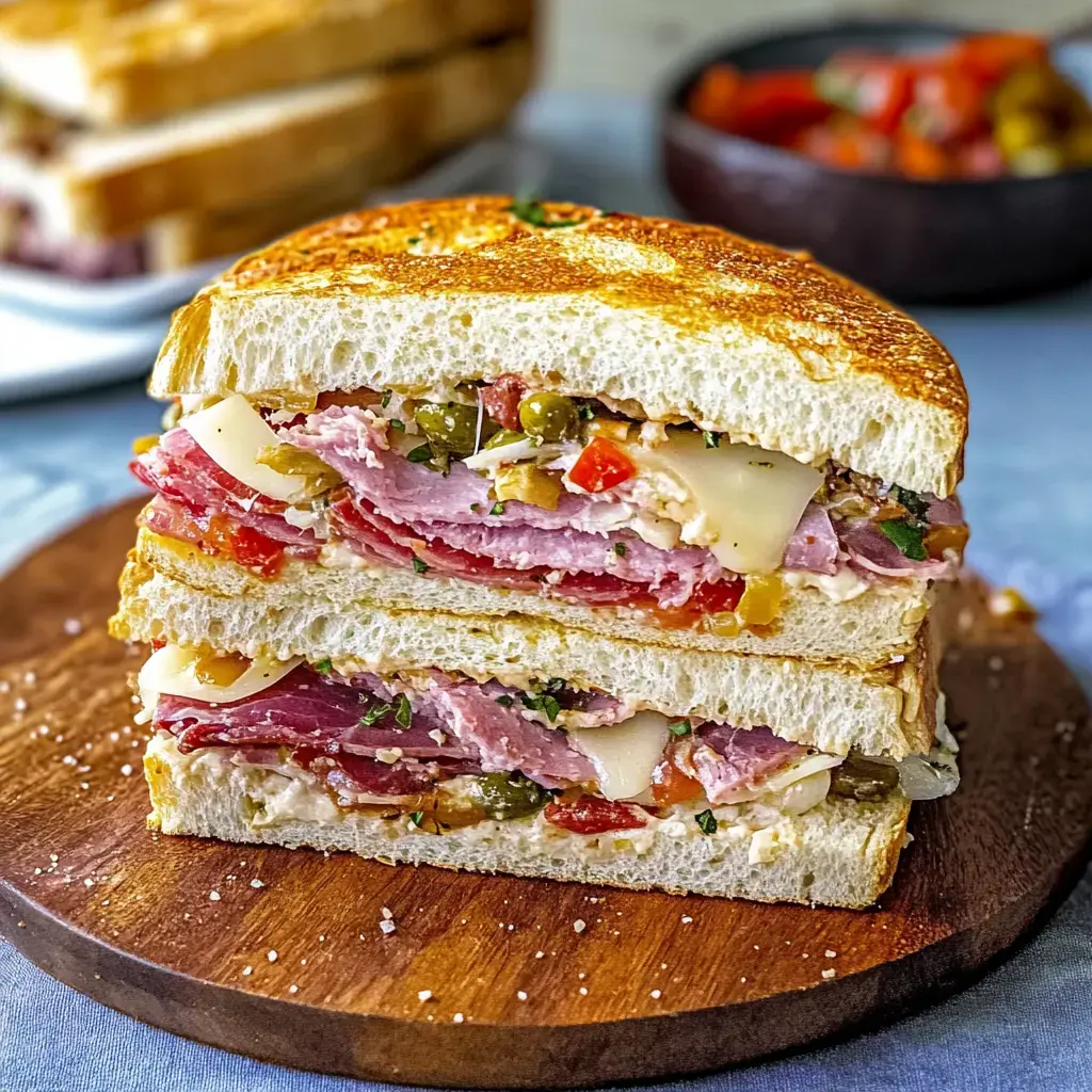 A tall sandwich layered with meats, cheeses, and an olive salad sitting on a cutting board.