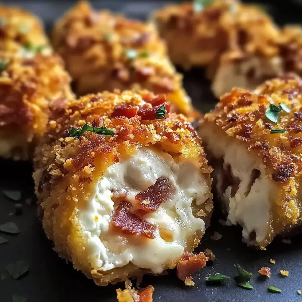 A crispy roll stuffed with creamy bacon filling, topped with herbs—close-up shot.