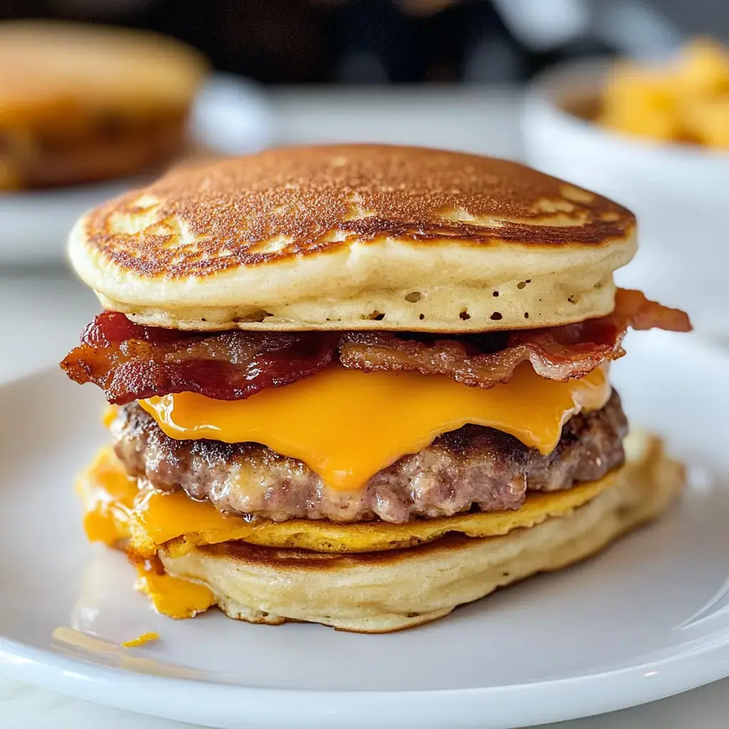 A big breakfast sandwich stacked with bacon, cheddar, sausage, and pancakes on a white plate.