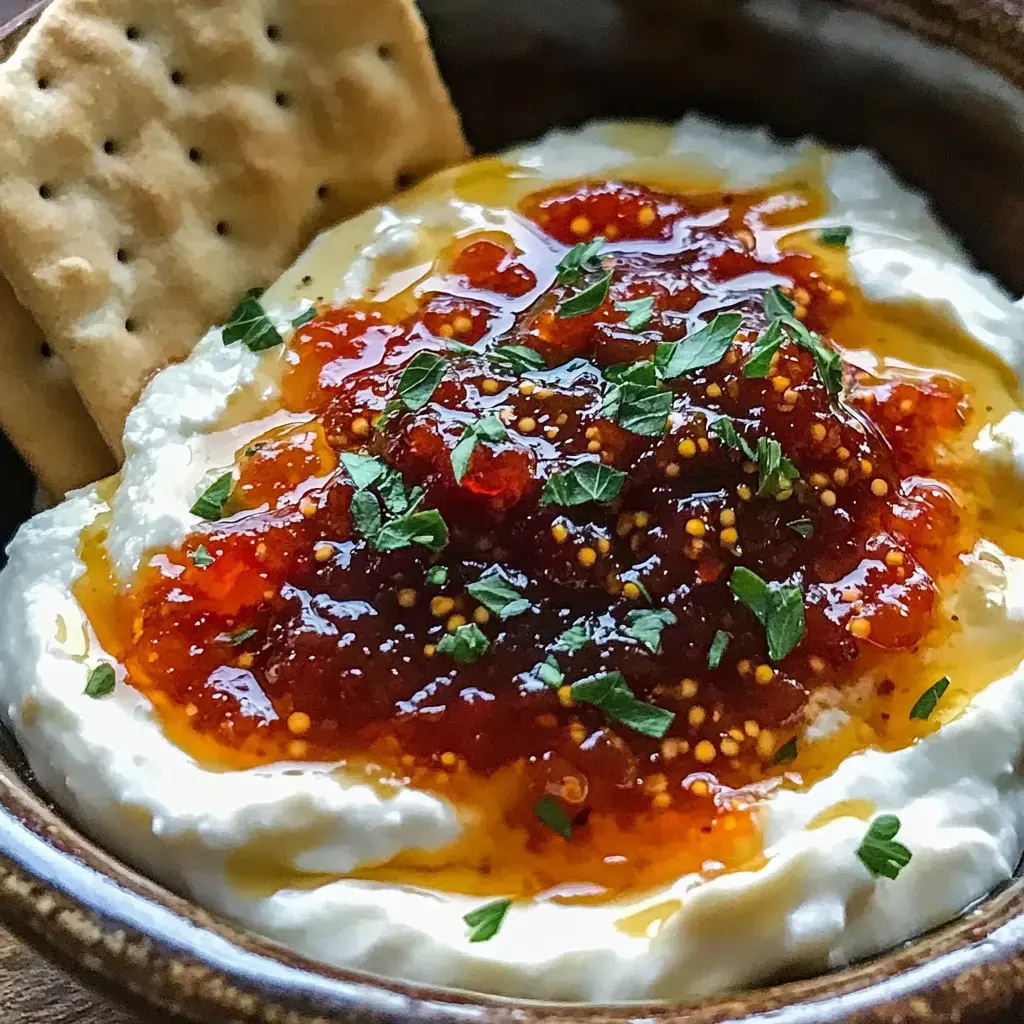 A creamy cheese bowl topped with sweet and spicy jelly, served with crackers and fresh herbs.