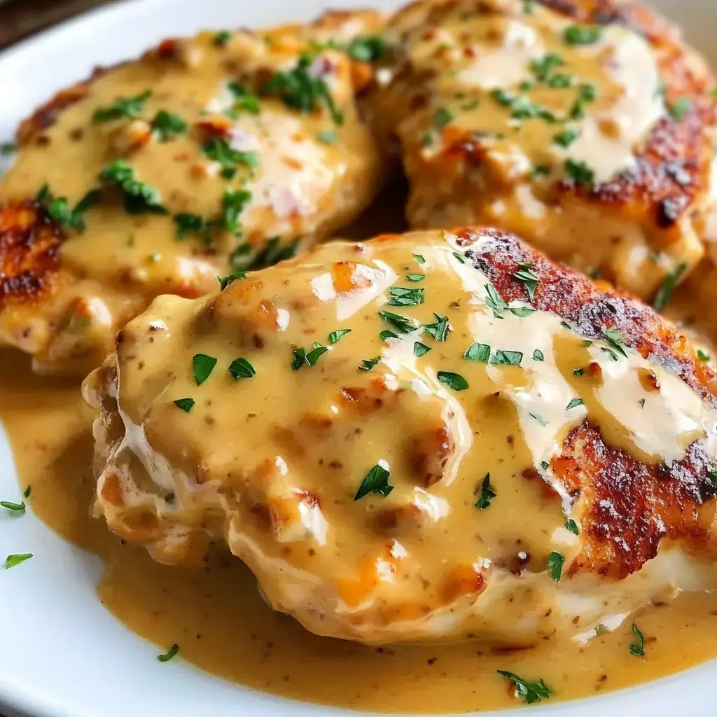 Close-up of chicken topped with creamy melted cheese, garnished with parsley on a plate.