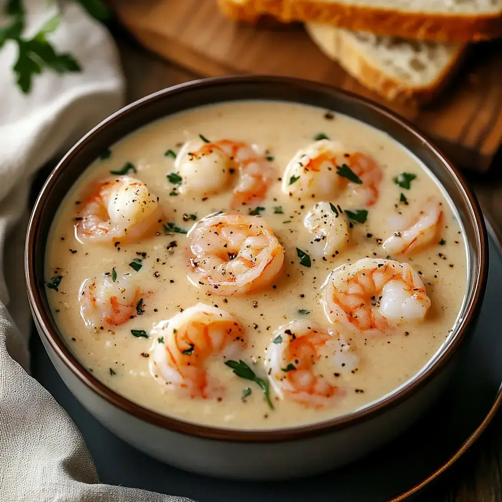 A comforting bowl of creamy soup with shrimp and crab, topped with fresh herbs and bread on the side.
