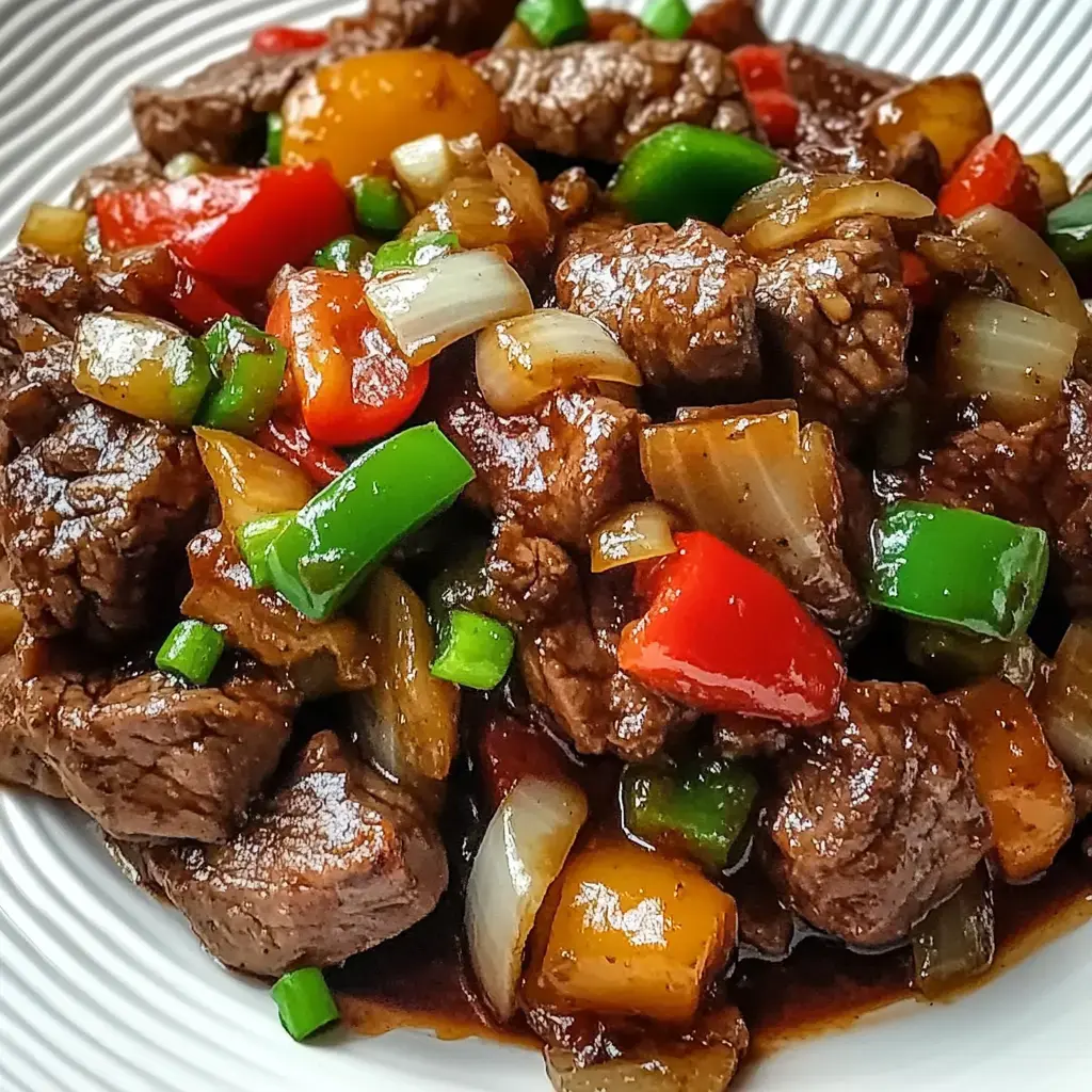 Close-up of stir-fried beef with vibrant peppers and onions drizzled in savory sauce.