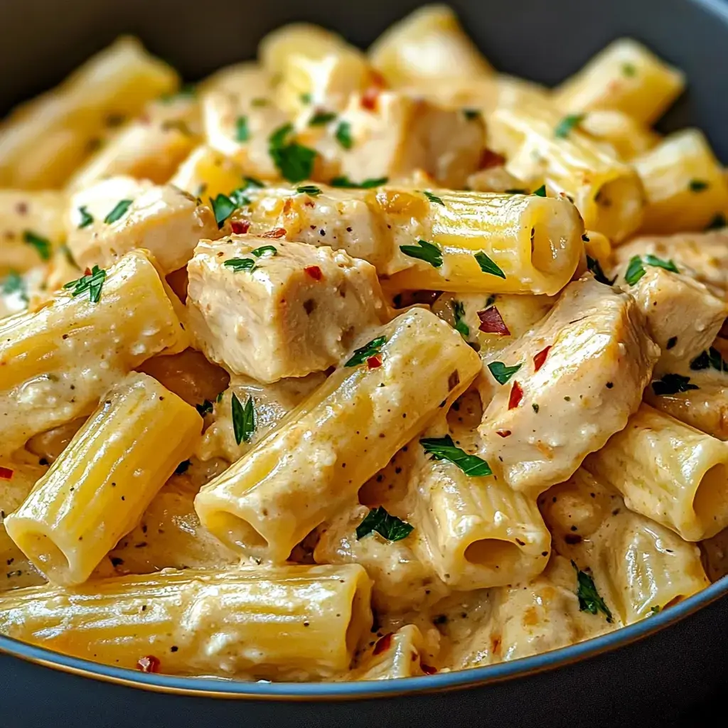 A hearty pasta bowl with chicken bits, parsley, and red pepper flakes scattered on top.