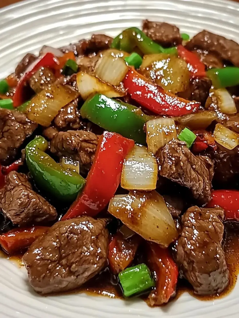 A vibrant stir-fry with juicy beef strips, green and red bell peppers, and sliced onions covered in rich sauce.