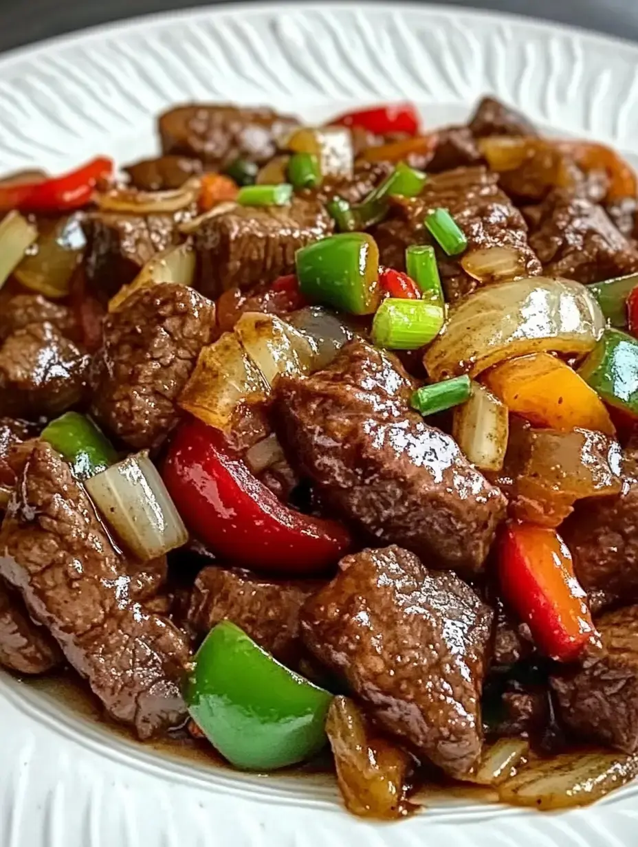 A serving of juicy beef with sweet bell peppers and onions, coated in flavorful glossy sauce.