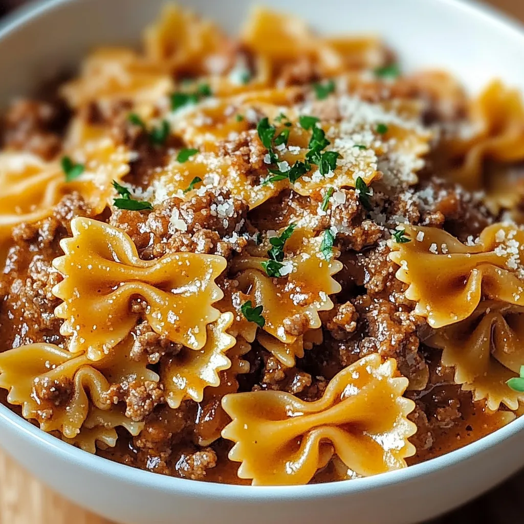 Creamy Garlic Butter Bowtie Pasta with Cheese and Beef