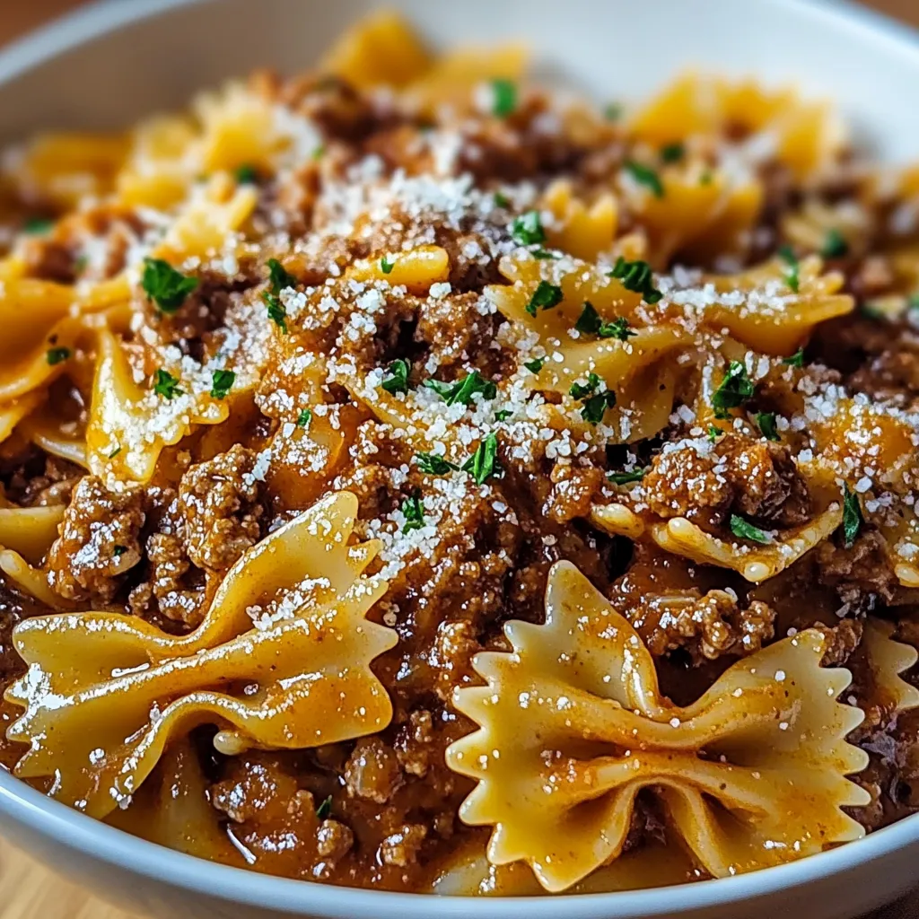 Close-up Cheesy Beef and Bowtie Pasta in Garlic Butter