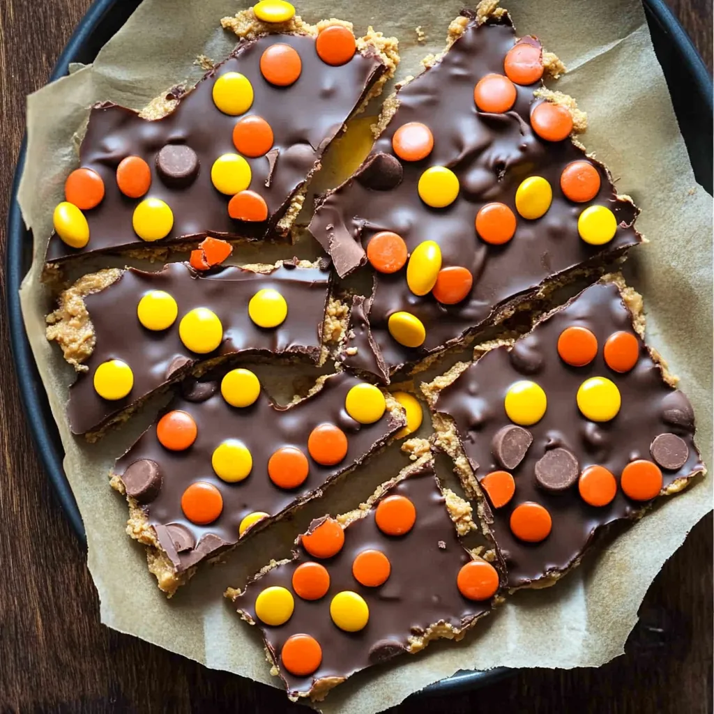 Peanut Butter Chocolate Bark with Reese's Pieces Candy