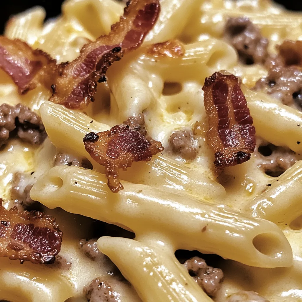 Creamy pasta with bacon bits and cheese sauce