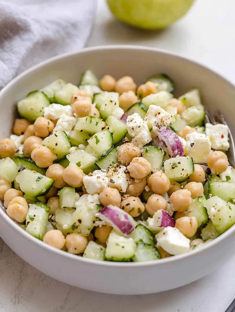 A bowl of chickpea cucumber feta salad.