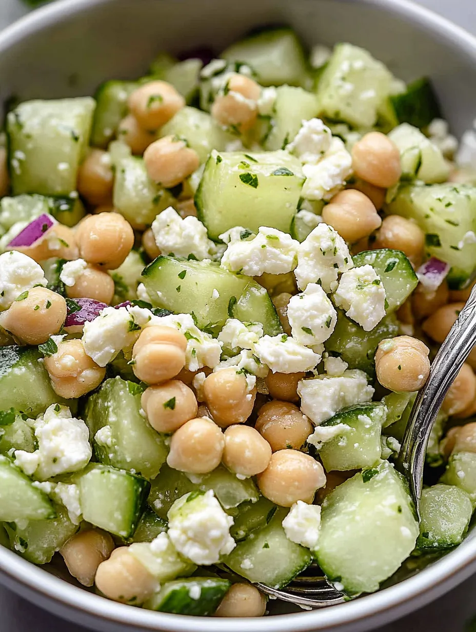 A bowl of chickpea cucumber feta salad.