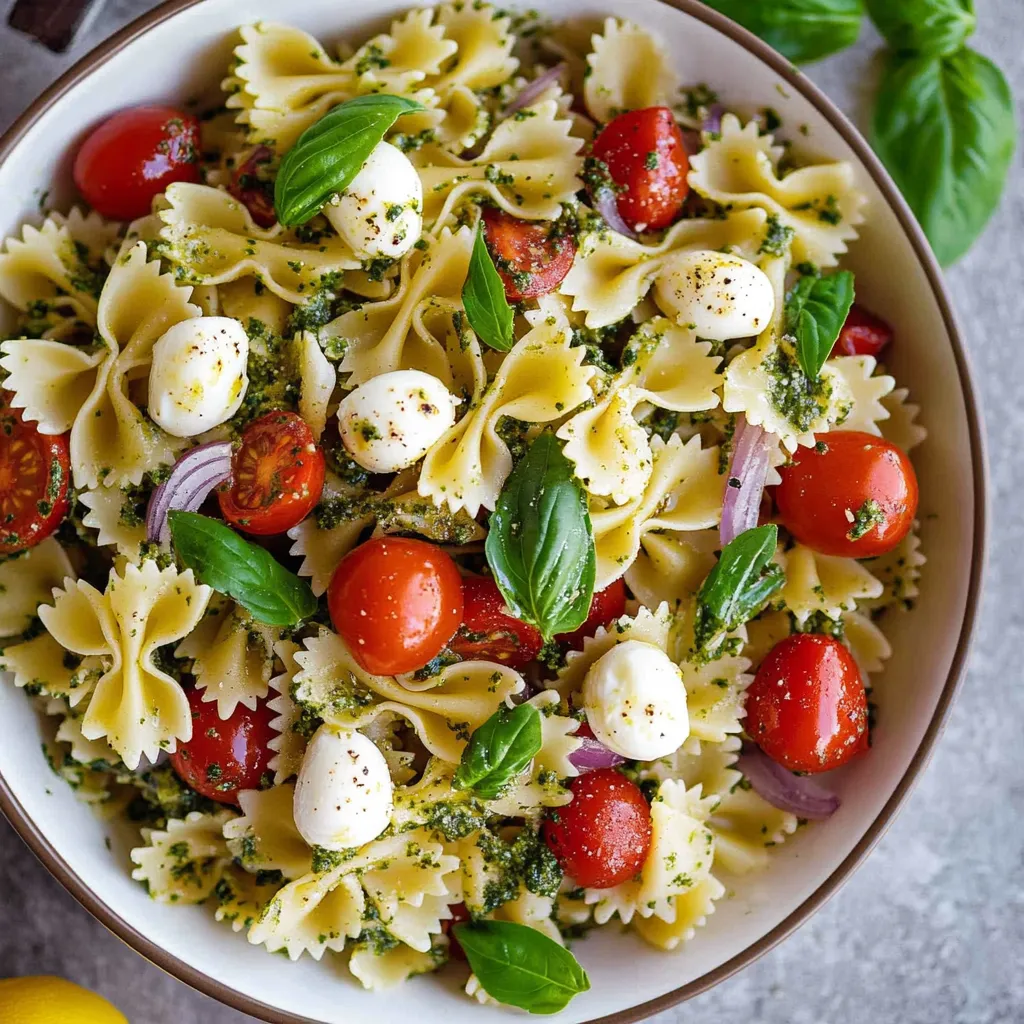 A bowl of pasta salad with tomatoes, spinach, and cheese.