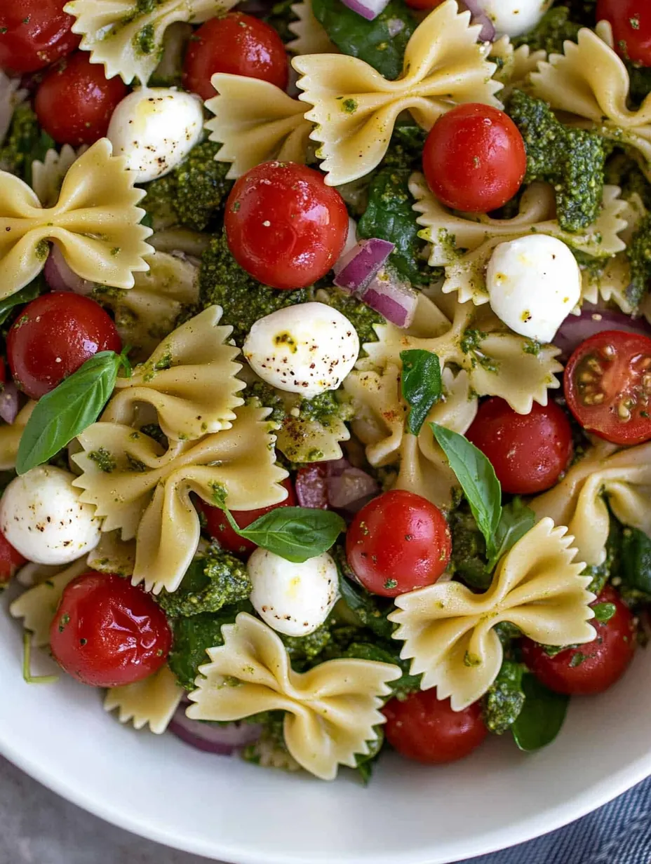 A bowl of pasta salad with tomatoes, onions, and cheese.