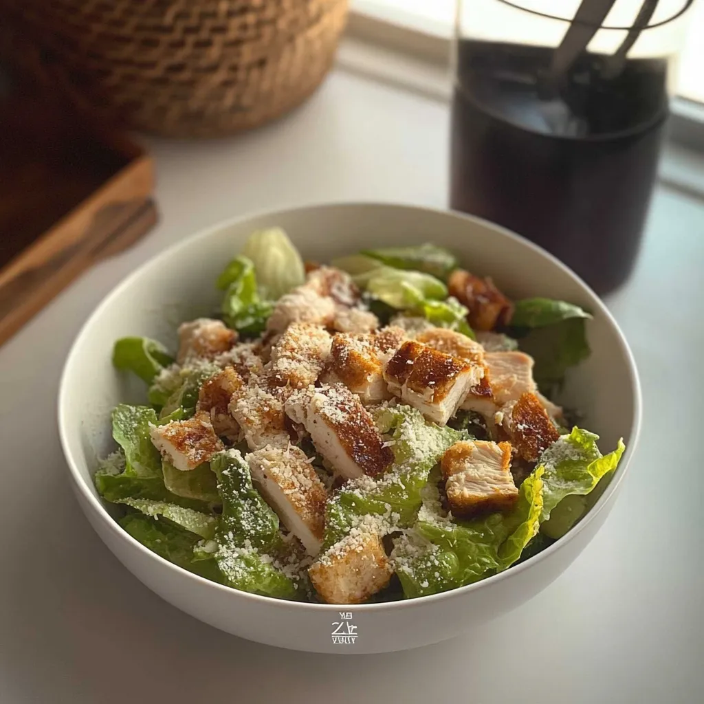 A bowl of chicken caesar salad.