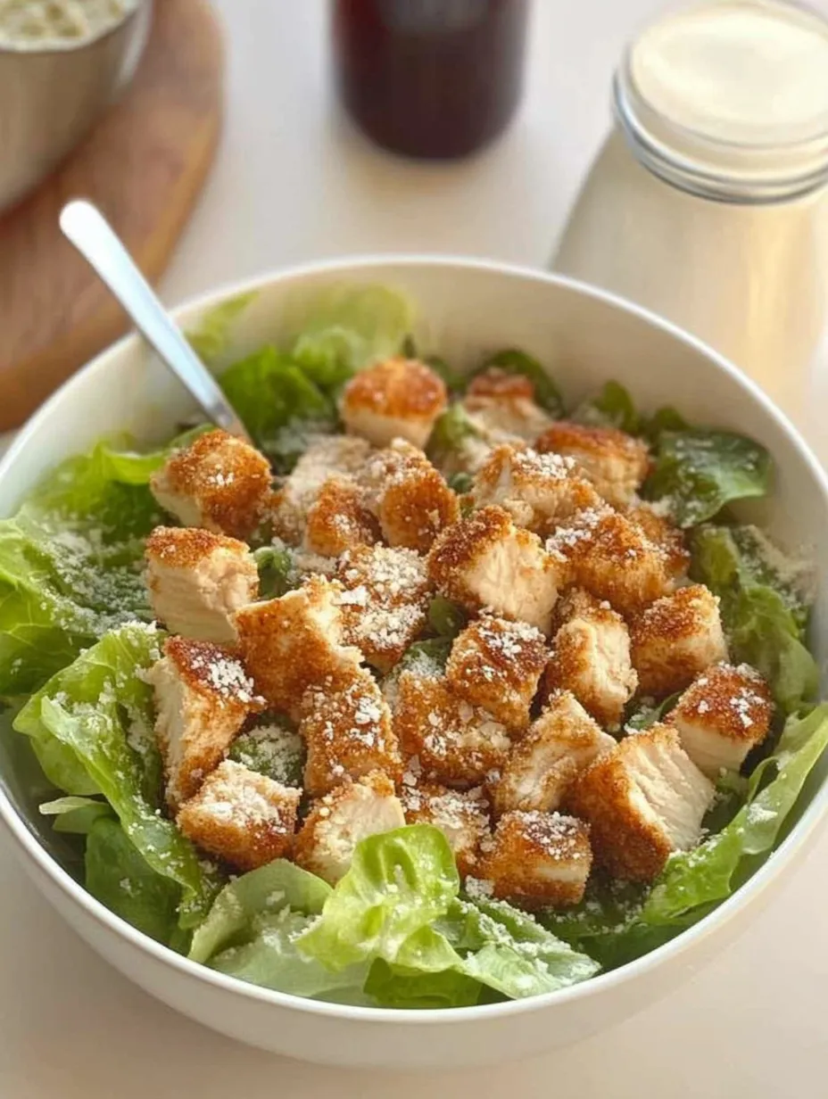 A bowl of chicken Caesar salad.