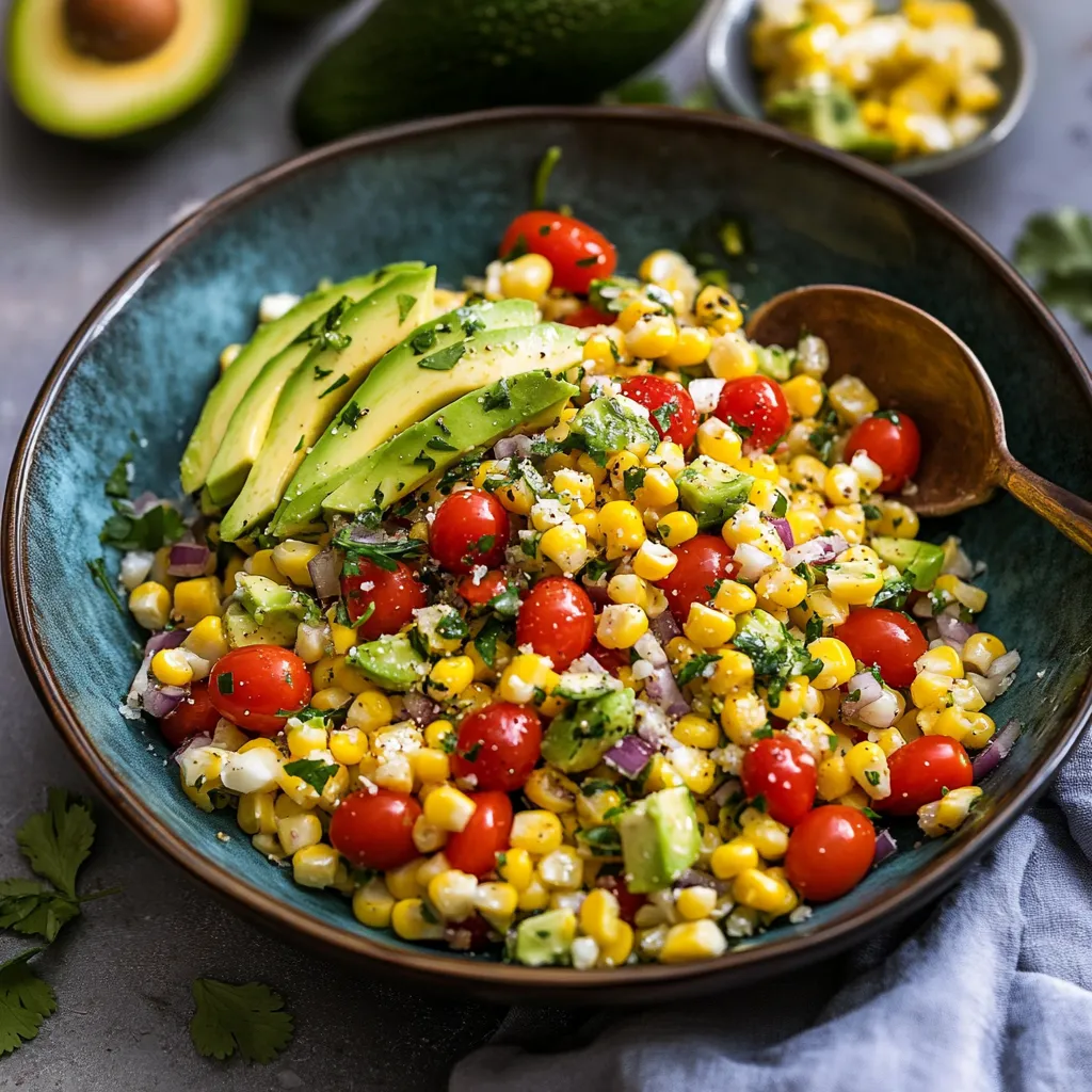 A bowl of corn salad with avocado.