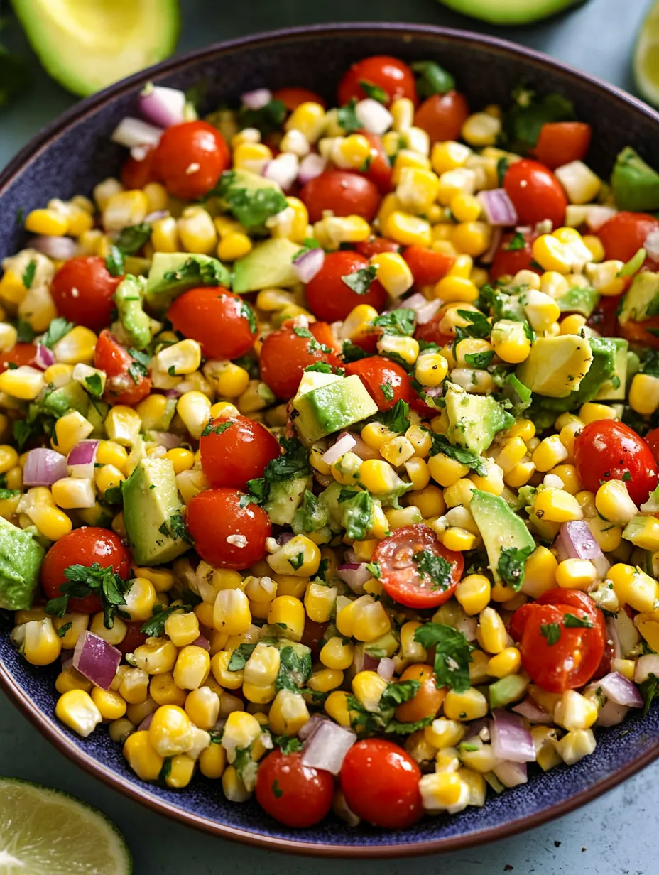 A bowl of corn salad with avocado.