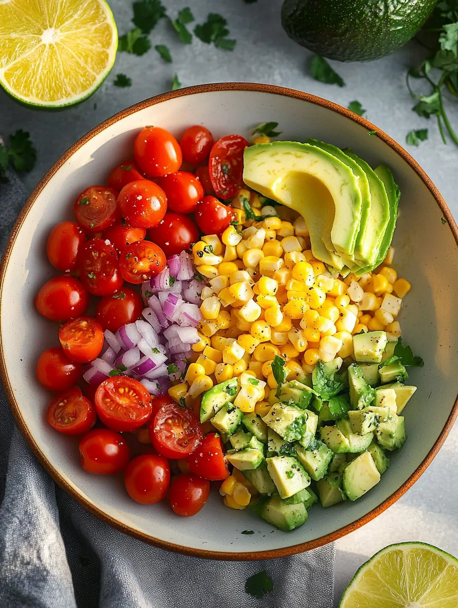 A bowl of fresh vegetables including corn, tomatoes, and avocado.
