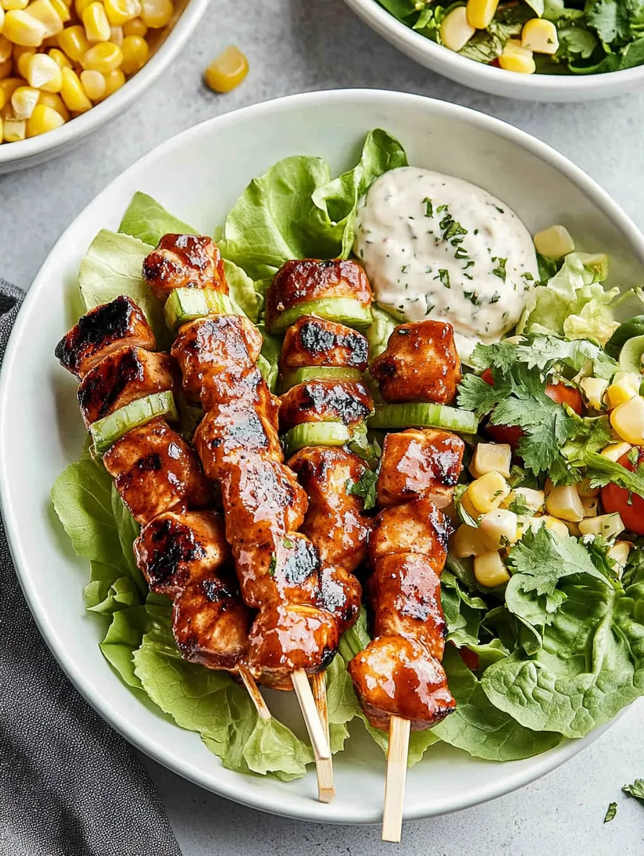 A plate of BBQ chicken skewers and salad.