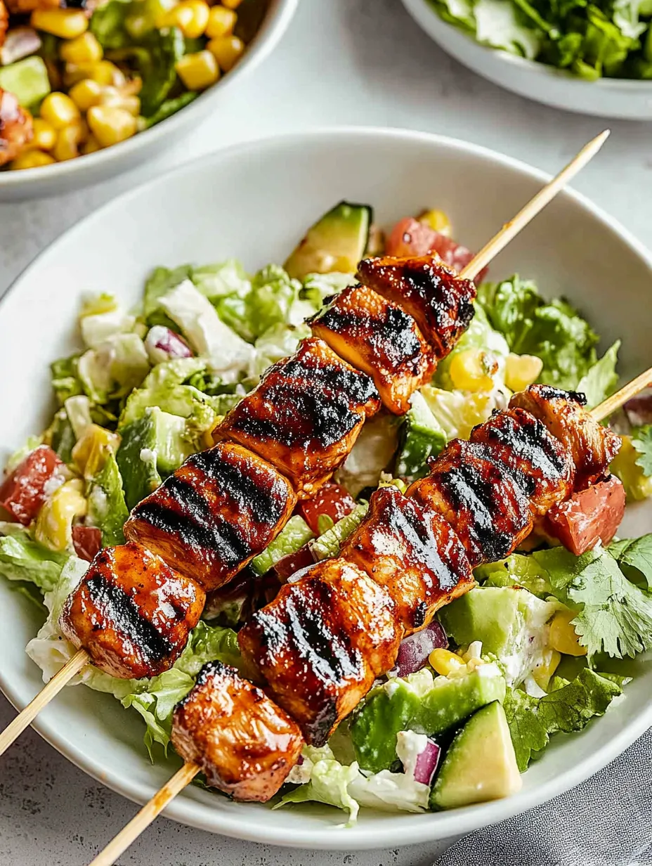 A plate of BBQ chicken skewers and salad.