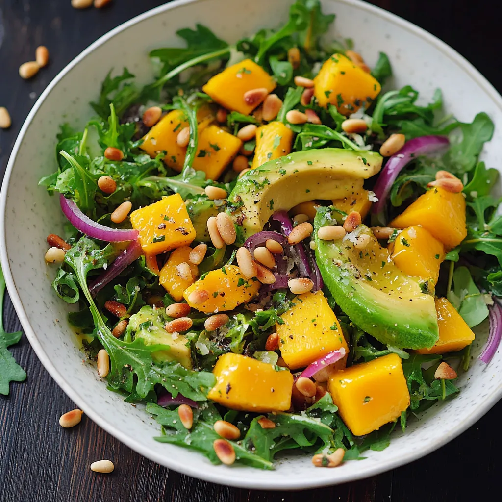 A bowl of salad with avocado and mango.