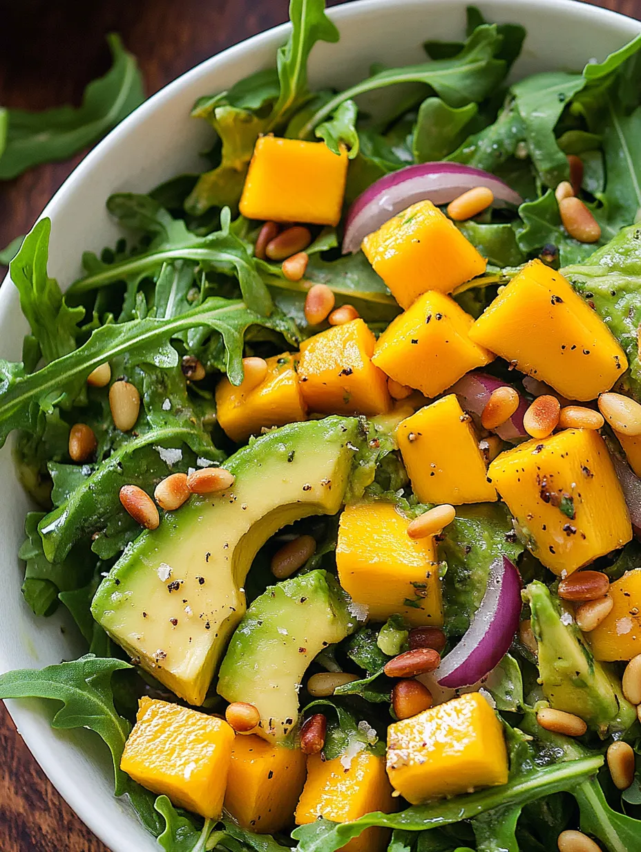 A bowl of salad with avocado, mango, and nuts.